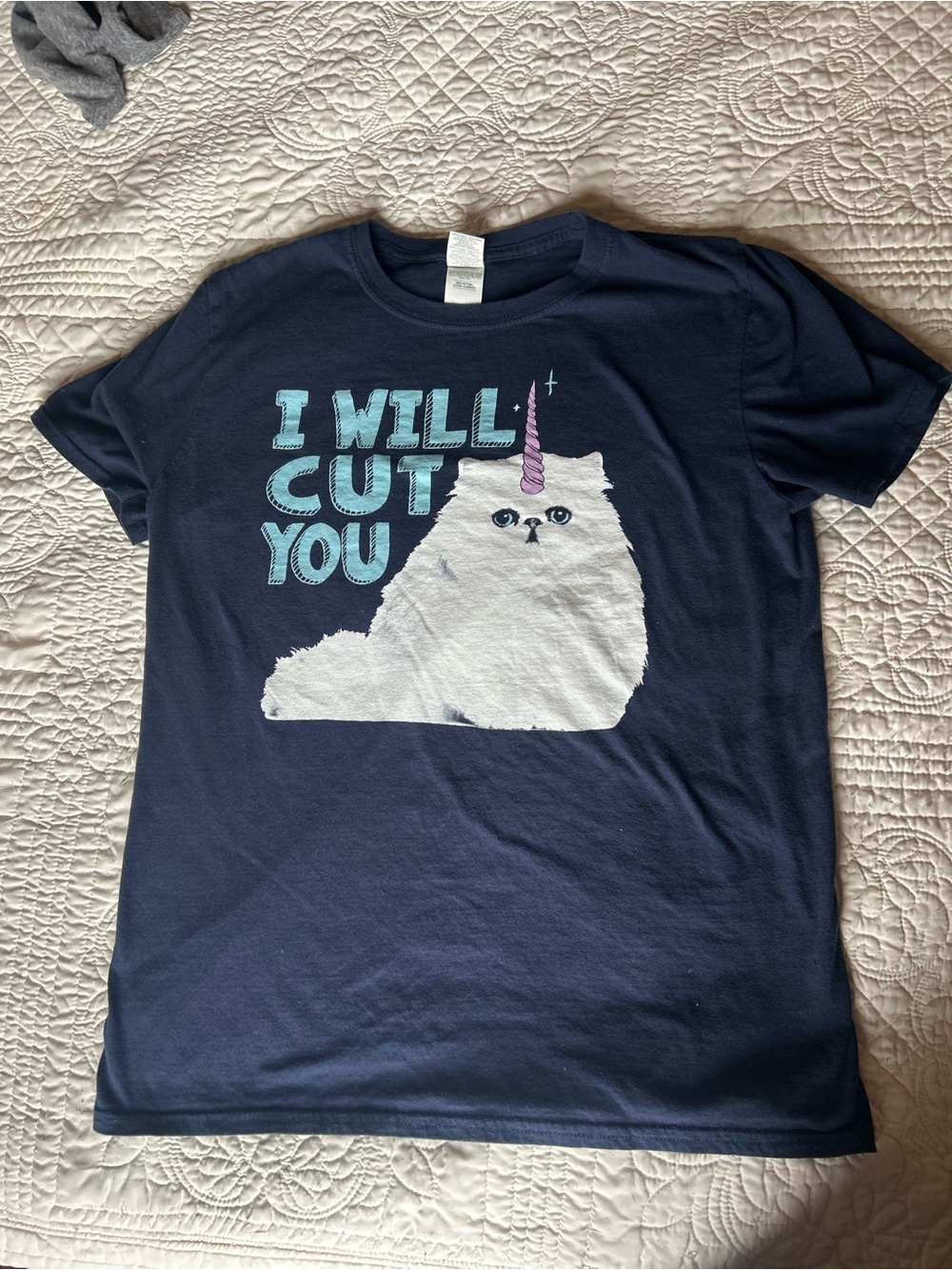 Gildan Navy Cat Unicorn Graphic Tee with Teal Text